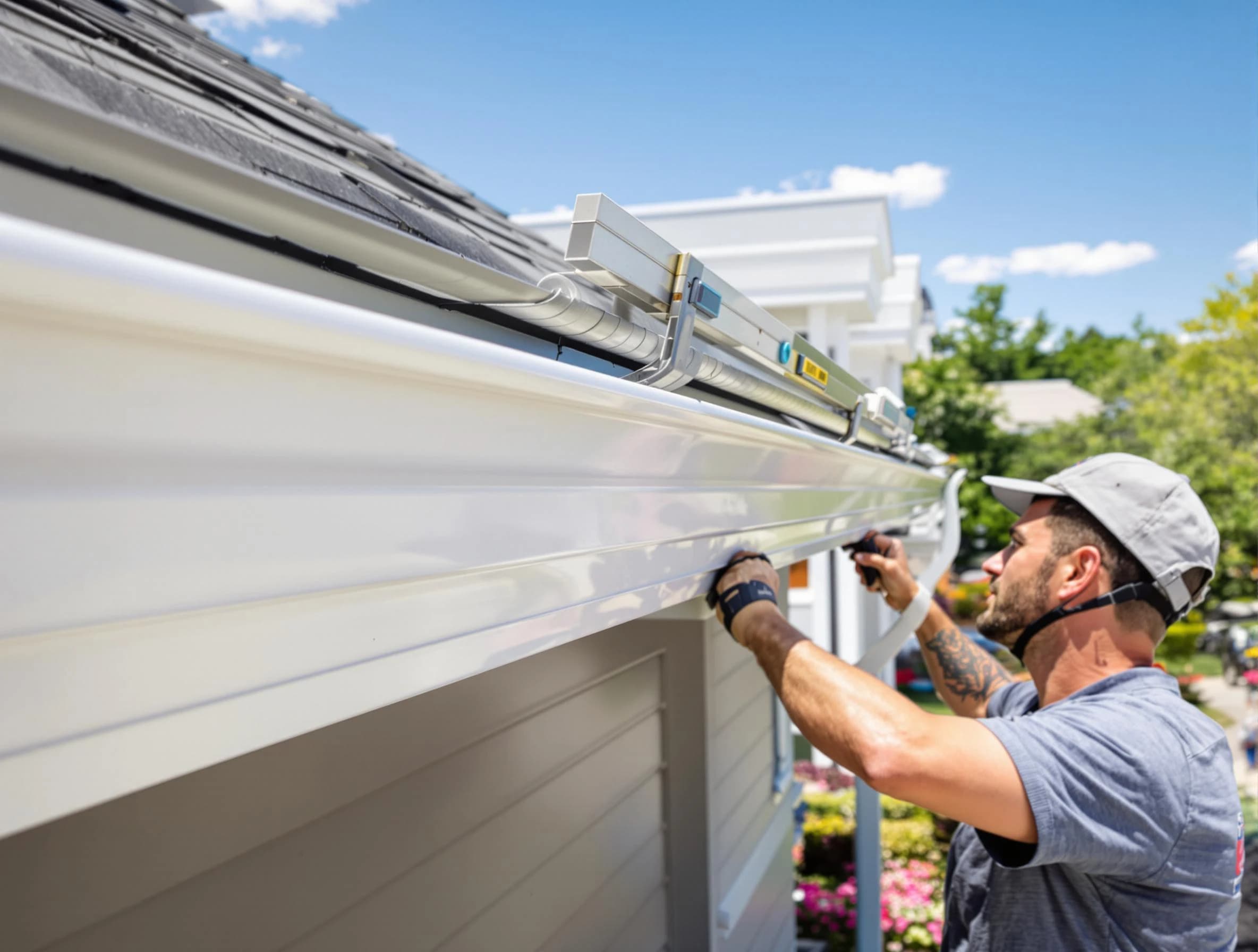 Newly installed gutters by Aurora Roofing Company for a home in Aurora, OH