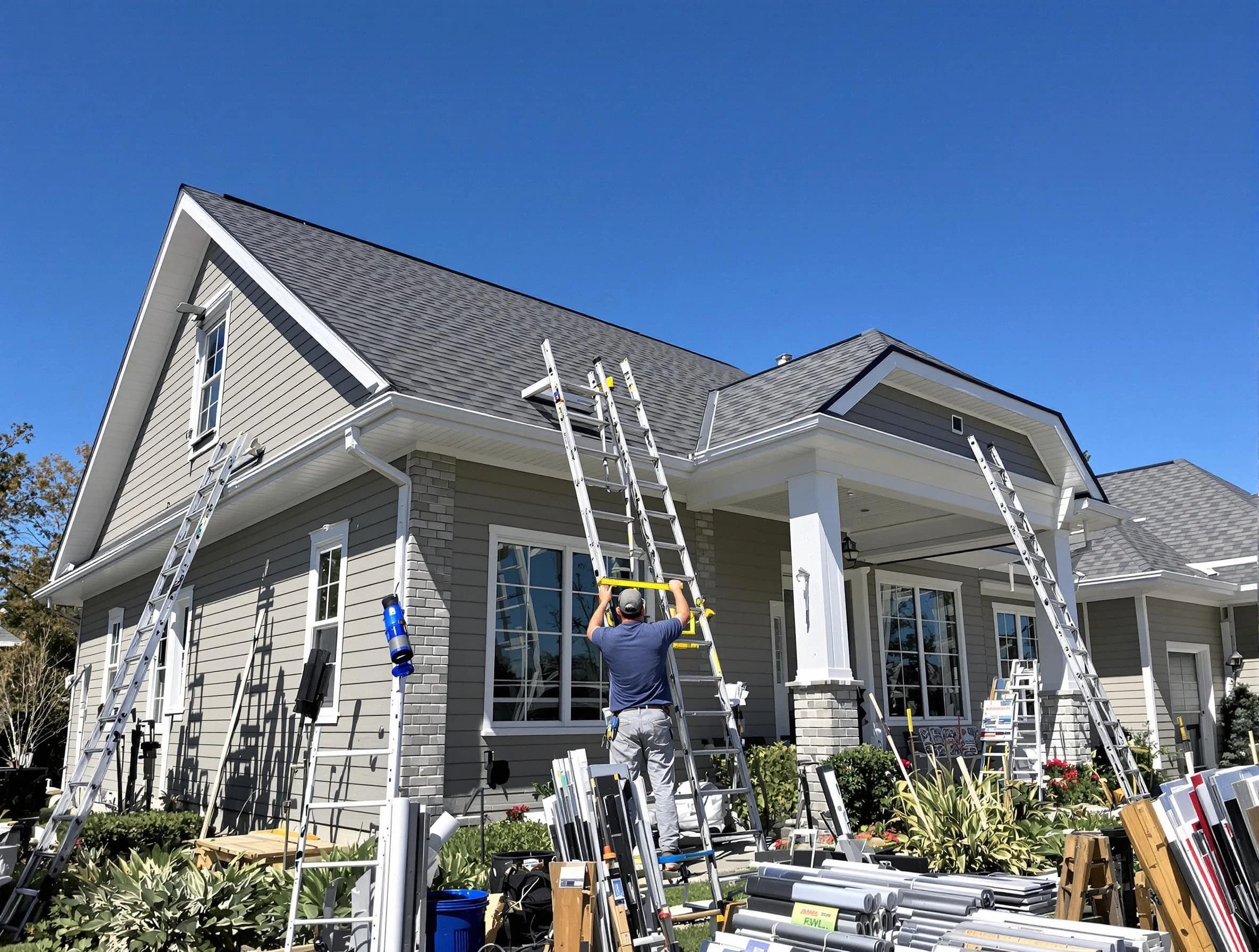 Aurora Roofing Company fitting rain gutters at a home in Aurora, OH