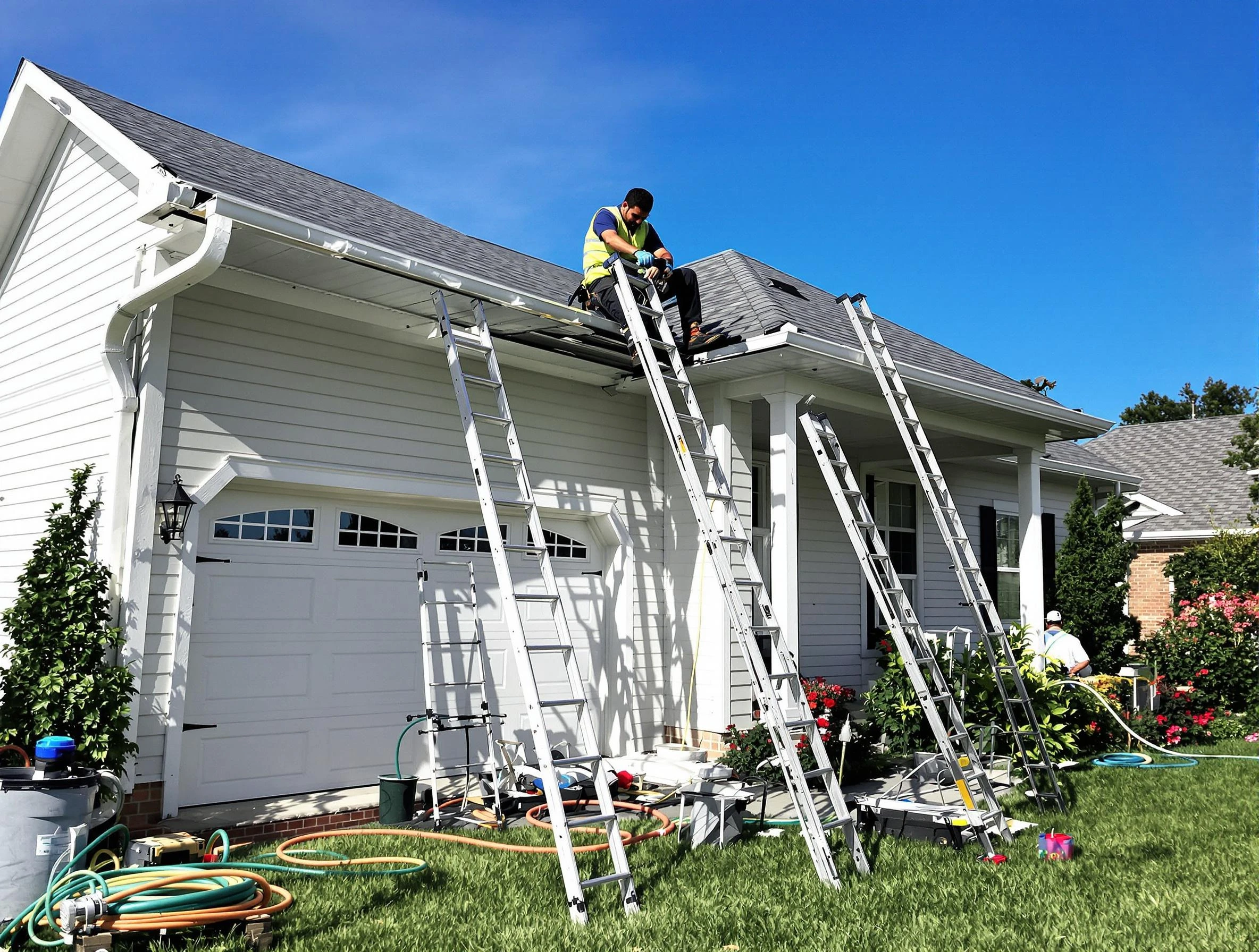 Removal of old gutters by Aurora Roofing Company to install new system in Aurora, OH